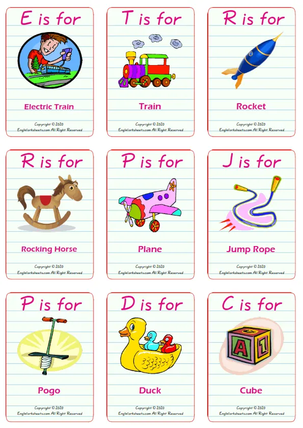 Toys vocabulary worksheet with words, nine images per page