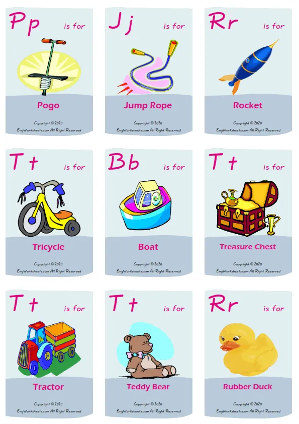 Toys vocabulary worksheet with words, nine images per page