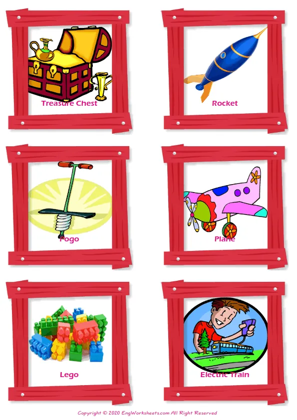 Toys vocabulary worksheet with words, six images per page