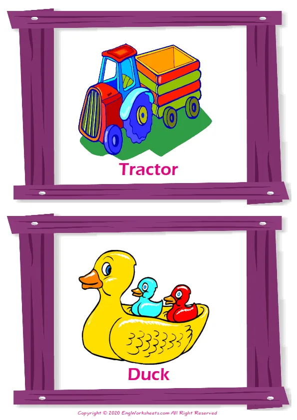 Toys vocabulary worksheet with words, two images per page