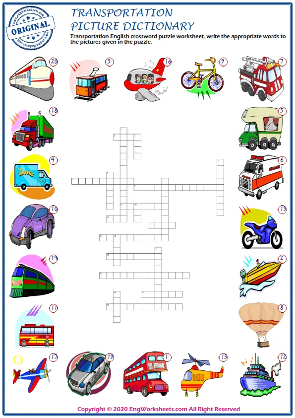 Transportation English crossword puzzle worksheet, write the appropriate words to the pictures given in the puzzle.