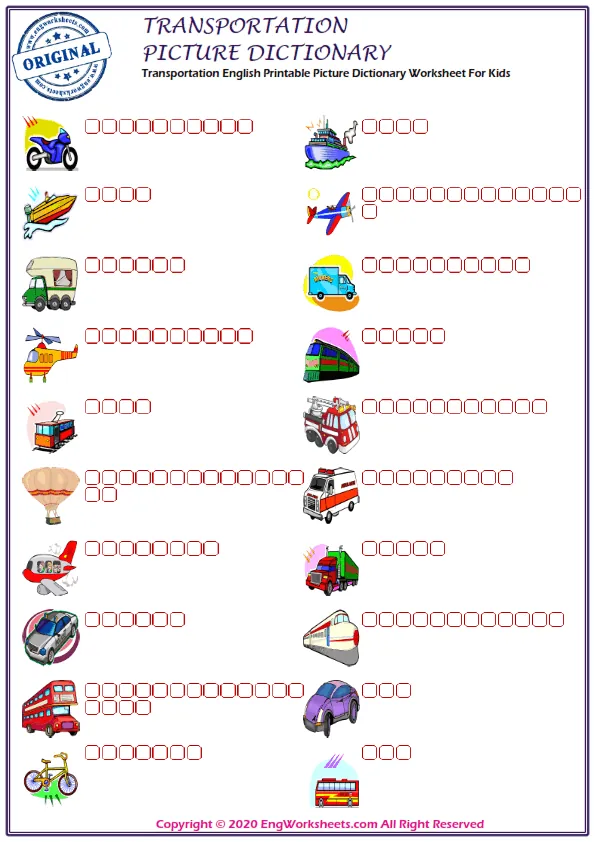 Transportation English Printable Picture Dictionary Worksheet For Kids