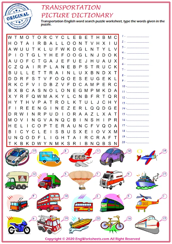 Transportation English word search puzzle worksheet, type the words given in the puzzle.