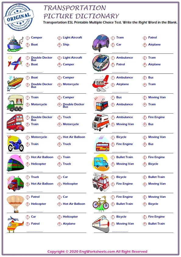 Transportation ESL Printable Multiple Choice Test. Write the Right Word in the Blank.