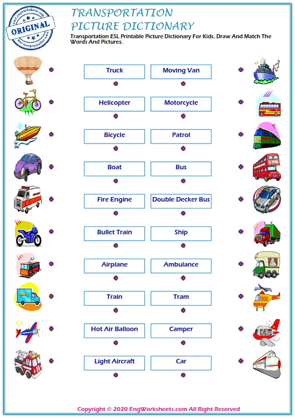 Transportation ESL Printable Picture Dictionary For Kids. Draw And Match The Words And Pictures.
