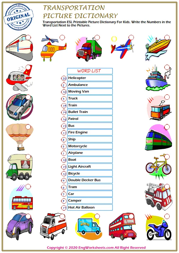 Transportation ESL Printable Picture Dictionary For Kids. Write the Numbers in the Word List Next to the Pictures.