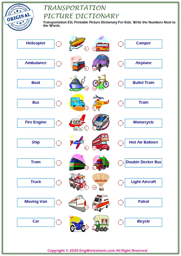 Transportation ESL Printable Picture Dictionary For Kids. Write the Numbers Next to the Words.