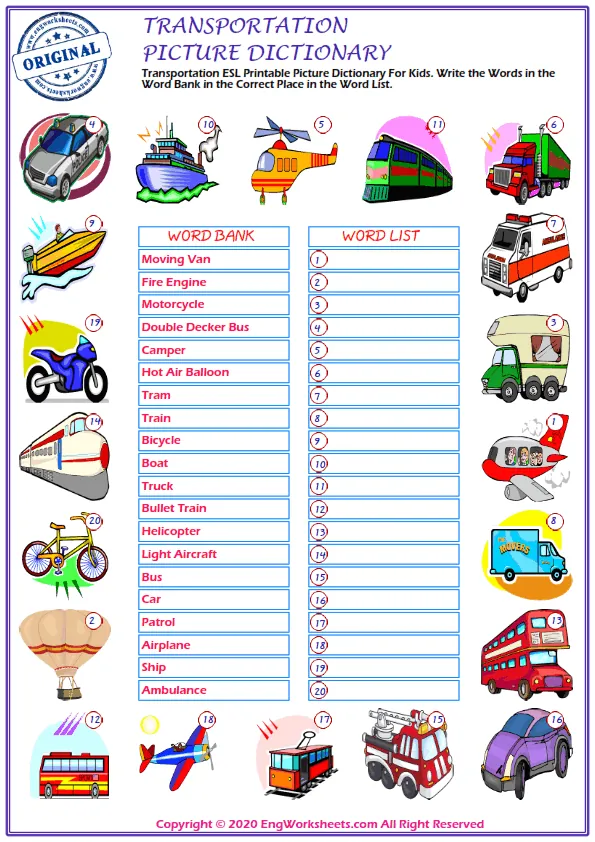 Transportation ESL Printable Picture Dictionary For Kids. Write the Words in the Word Bank in the Correct Place in the Word List.