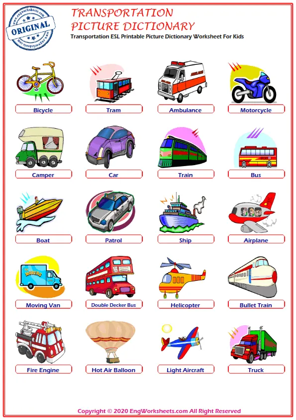 Transportation ESL Printable Picture Dictionary Worksheet For Kids
