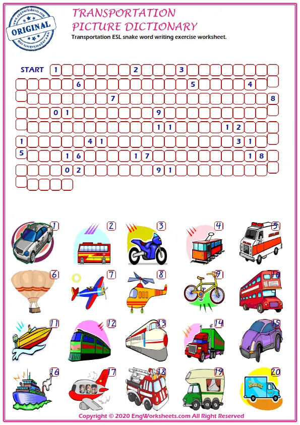 Transportation ESL snake word writing exercise worksheet.