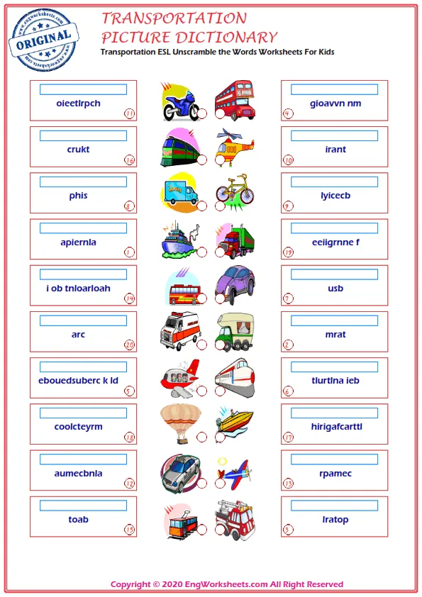 Transportation ESL Unscramble the Words Worksheets For Kids