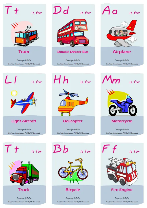 Transportation vocabulary worksheet with words, nine images per page
