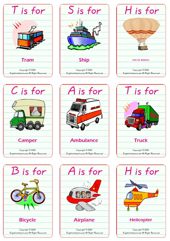 Transportation vocabulary worksheet with words, nine images per page