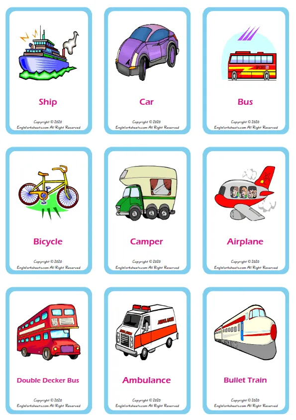 Transportation vocabulary worksheet with words, nine images per page