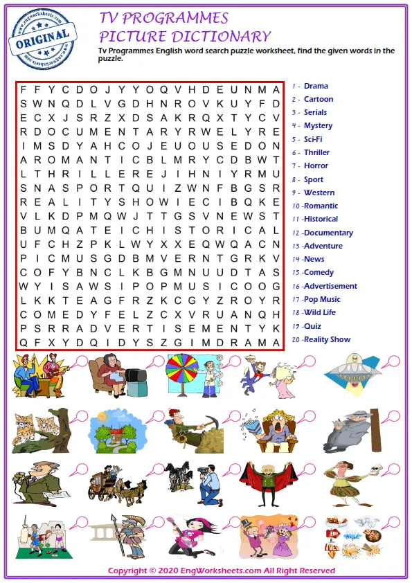 Tv Programmes English word search puzzle worksheet, find the given words in the puzzle.