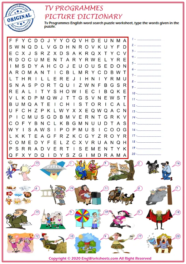 Tv Programmes English word search puzzle worksheet, type the words given in the puzzle.