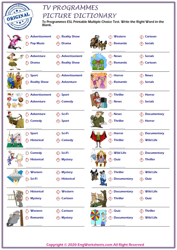 Tv Programmes ESL Printable Multiple Choice Test. Write the Right Word in the Blank.