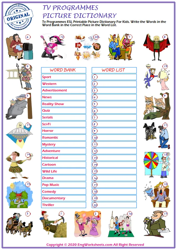 Tv Programmes ESL Printable Picture Dictionary For Kids. Write the Words in the Word Bank in the Correct Place in the Word List.