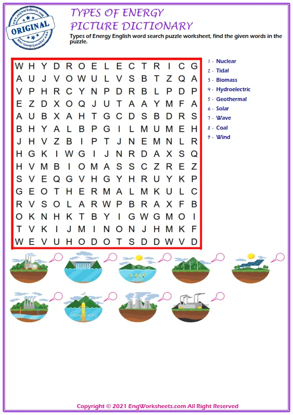 Types of Energy English word search puzzle worksheet, find the given words in the puzzle.