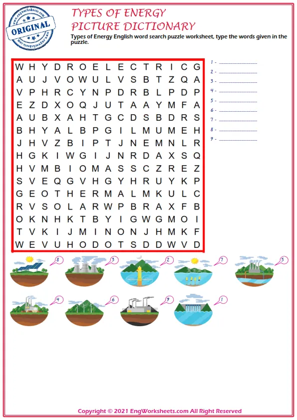 Types of Energy English word search puzzle worksheet, type the words given in the puzzle.
