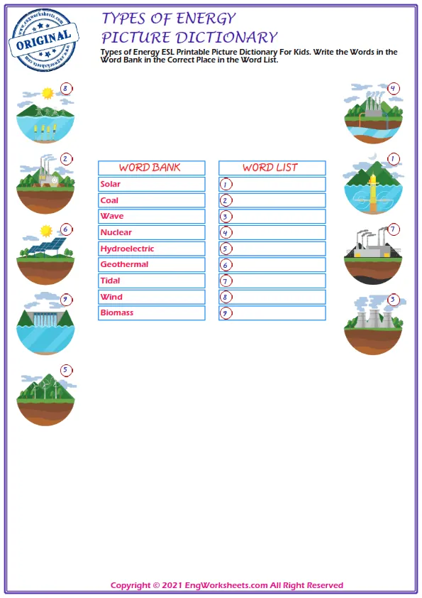 Types of Energy ESL Printable Picture Dictionary For Kids. Write the Words in the Word Bank in the Correct Place in the Word List.