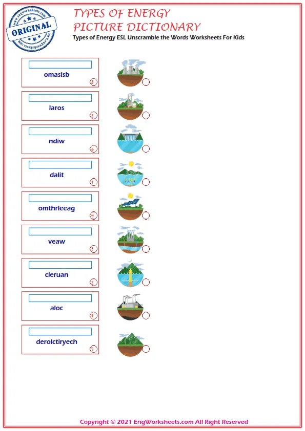 Types of Energy ESL Unscramble the Words Worksheets For Kids