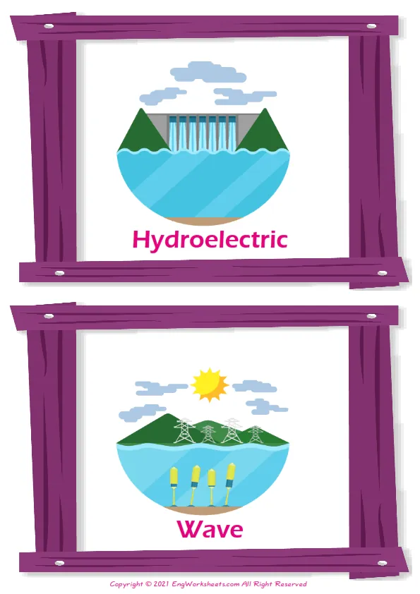 Types of Energy vocabulary worksheet with words, two images per page