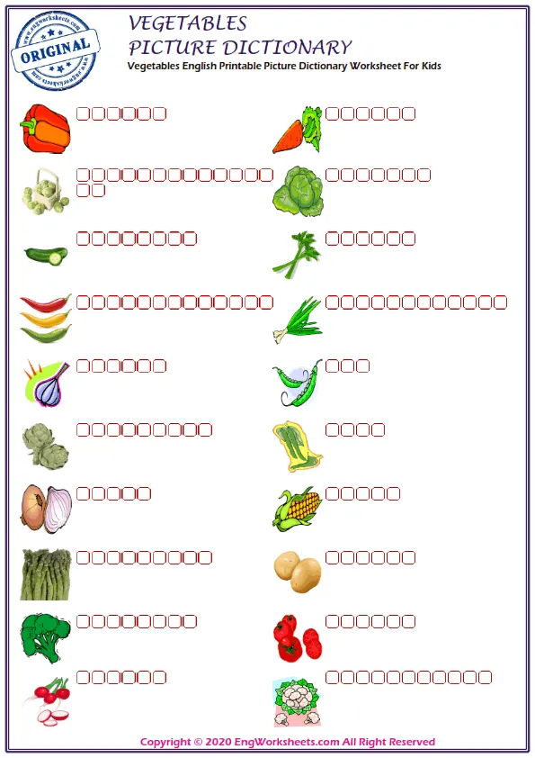 Vegetables English Printable Picture Dictionary Worksheet For Kids