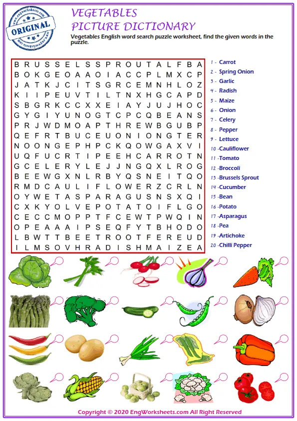 Vegetables English word search puzzle worksheet, find the given words in the puzzle.
