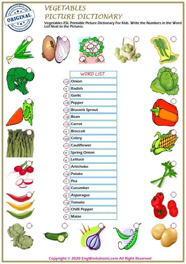 Vegetables ESL Printable Picture Dictionary For Kids. Write the Numbers in the Word List Next to the Pictures.