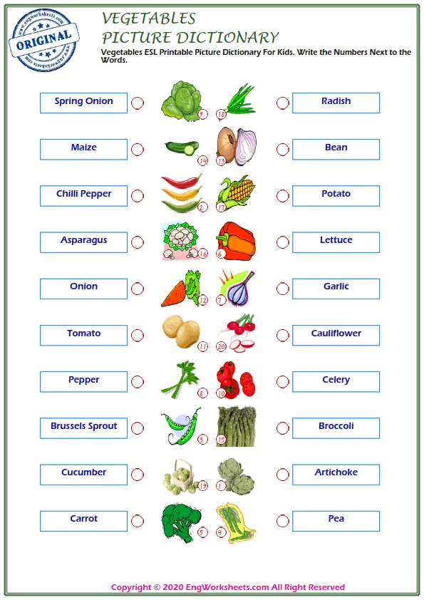 Vegetables ESL Printable Picture Dictionary For Kids. Write the Numbers Next to the Words.