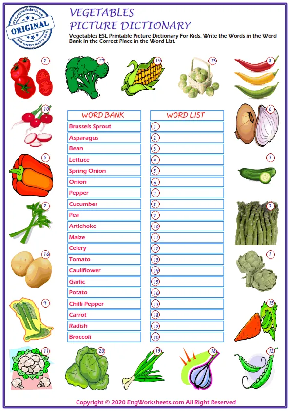 Vegetables ESL Printable Picture Dictionary For Kids. Write the Words in the Word Bank in the Correct Place in the Word List.