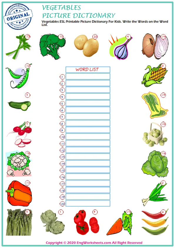 Vegetables ESL Printable Picture Dictionary For Kids. Write the Words on the Word List.