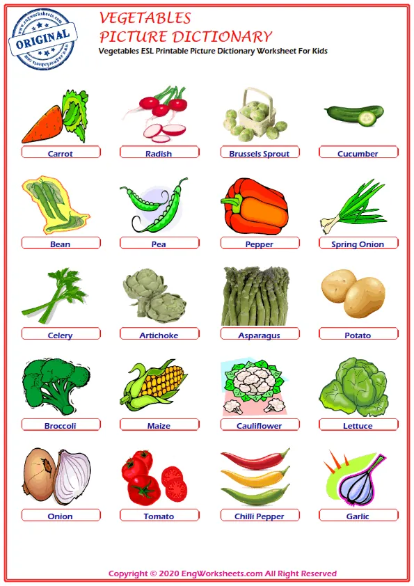 Vegetables ESL Printable Picture Dictionary Worksheet For Kids