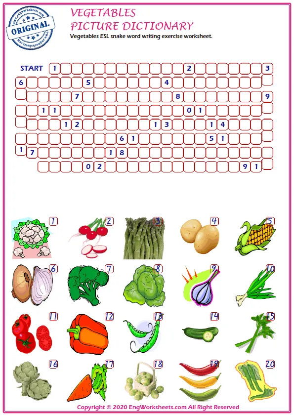 Vegetables ESL snake word writing exercise worksheet.