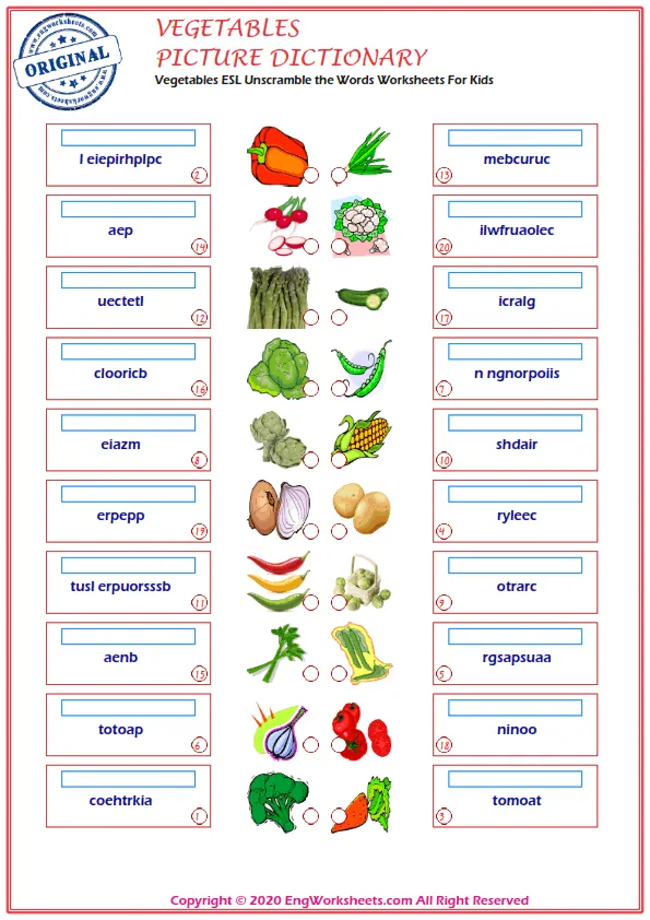 Vegetables ESL Unscramble the Words Worksheets For Kids