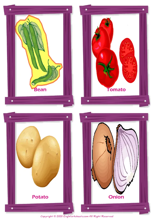 Vegetables vocabulary worksheet with words, four images per page