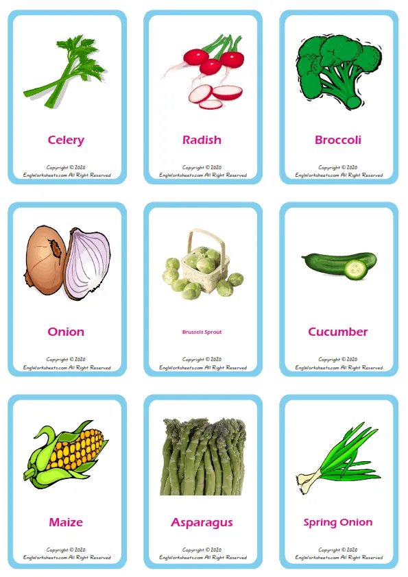 Vegetables vocabulary worksheet with words, nine images per page