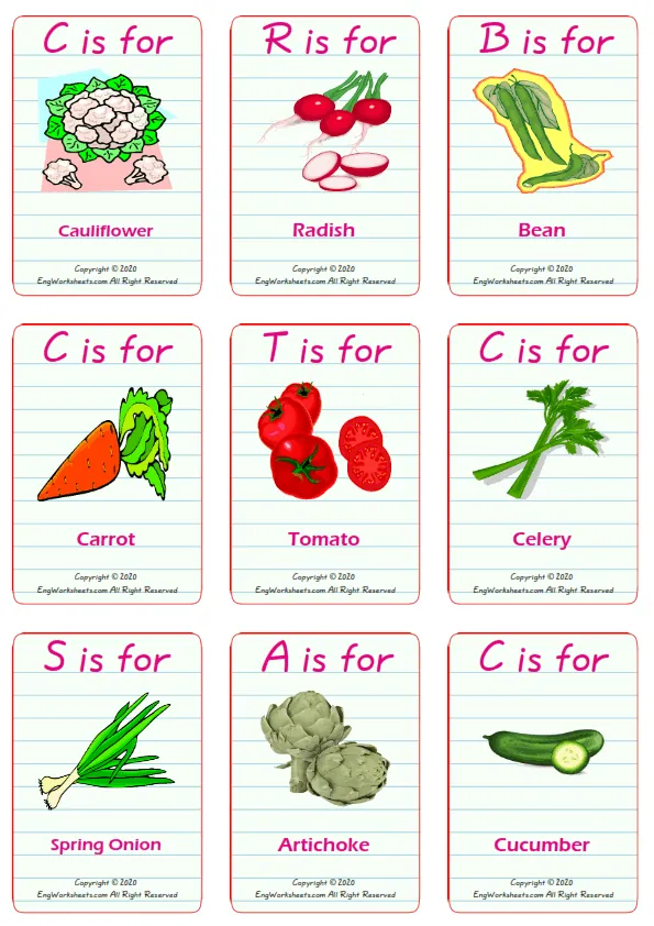 Vegetables vocabulary worksheet with words, nine images per page