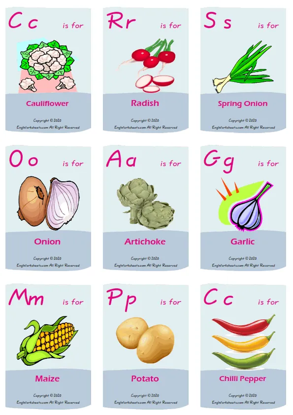 Vegetables vocabulary worksheet with words, nine images per page