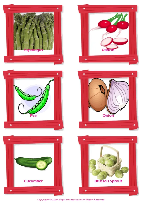 Vegetables vocabulary worksheet with words, six images per page