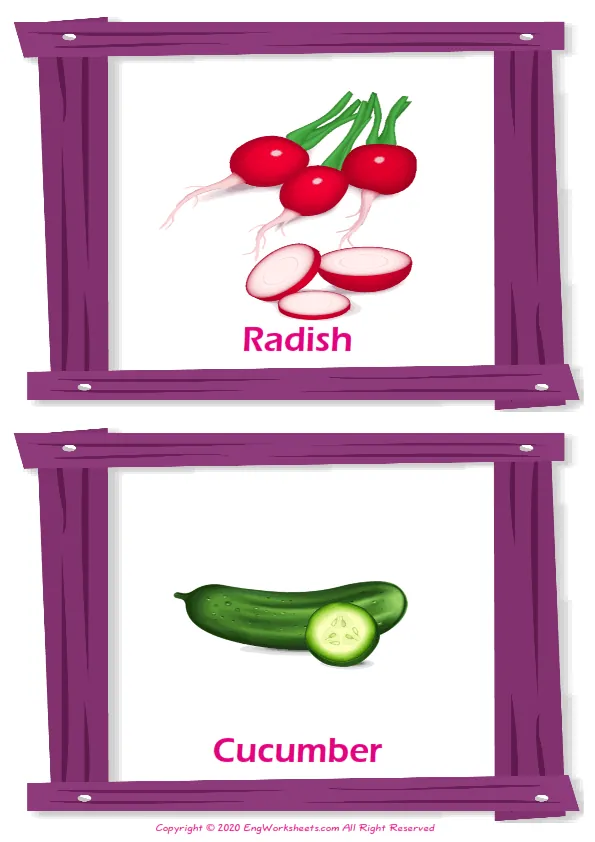 Vegetables vocabulary worksheet with words, two images per page