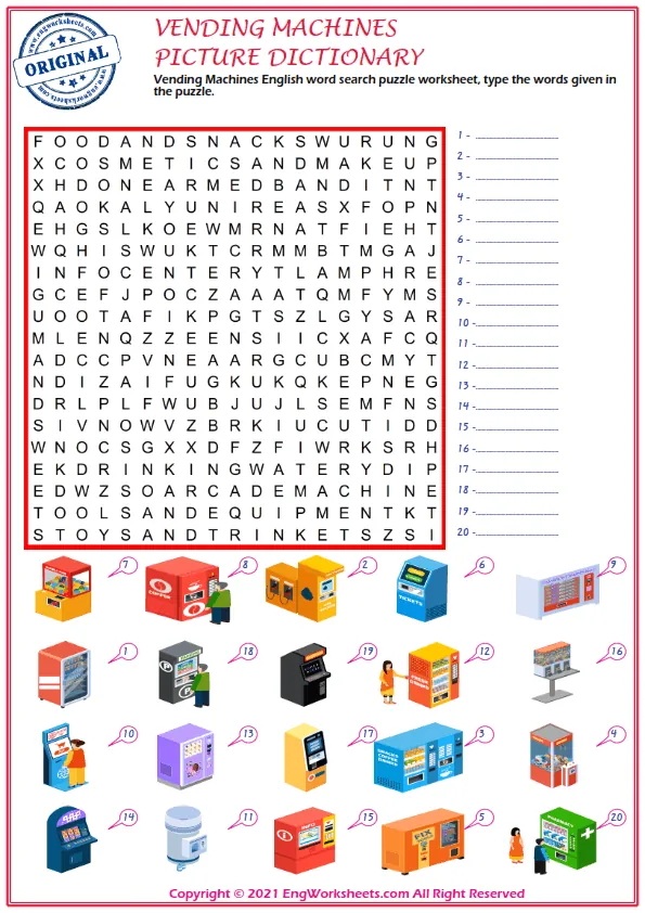 Vending Machines English word search puzzle worksheet, type the words given in the puzzle.