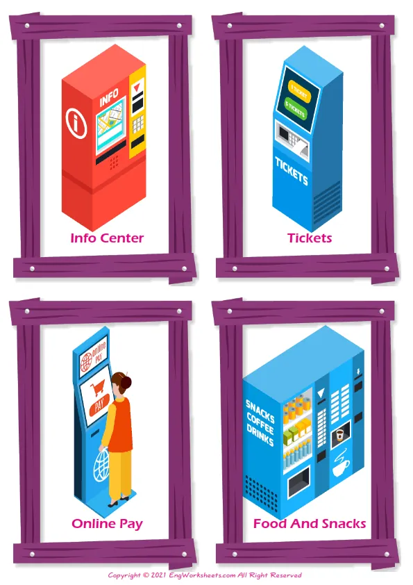 Vending Machines vocabulary worksheet with words, four images per page