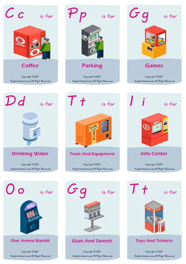 Vending Machines vocabulary worksheet with words, nine images per page