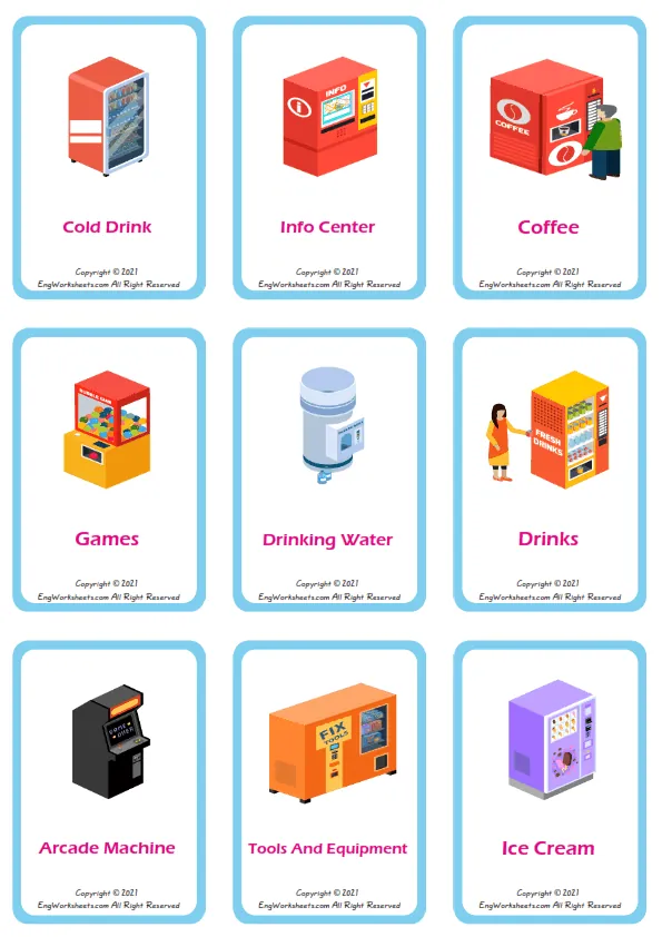 Vending Machines vocabulary worksheet with words, nine images per page