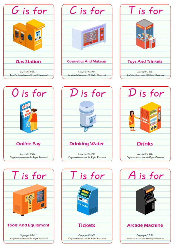 Vending Machines vocabulary worksheet with words, nine images per page