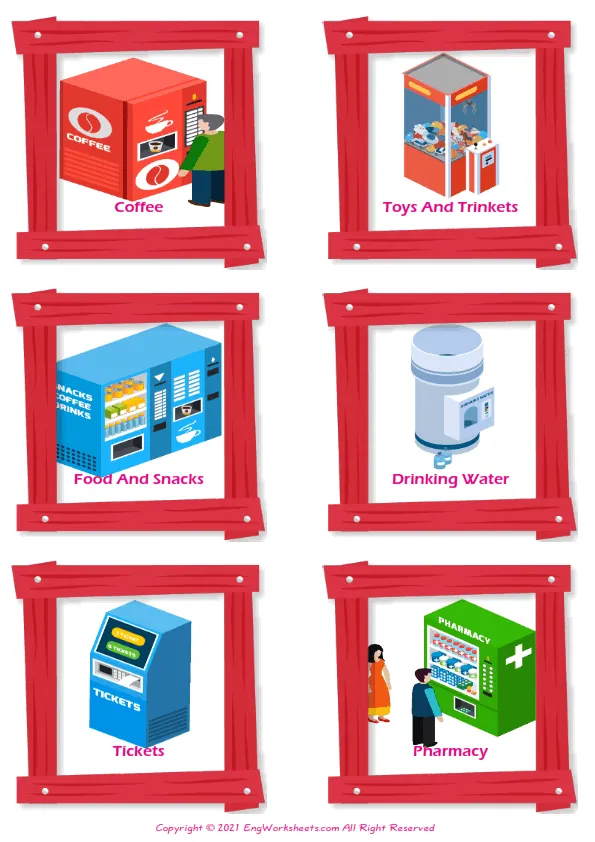 Vending Machines vocabulary worksheet with words, six images per page