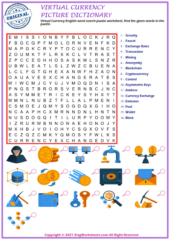 Virtual Currency English word search puzzle worksheet, find the given words in the puzzle.