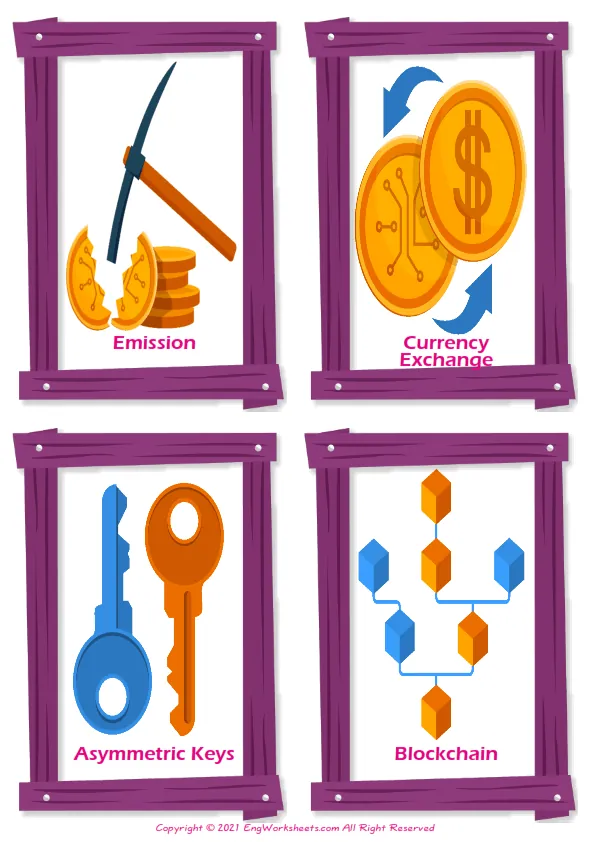Virtual Currency vocabulary worksheet with words, four images per page